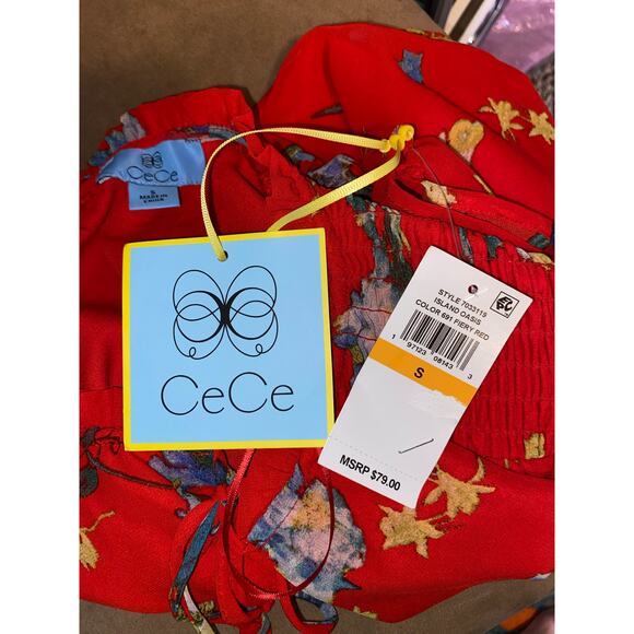 CeCe NWT $79 size Small Island Oasis Color 691 Fiery Red Lined Cap Sleeve Blouse - Picture 10 of 11